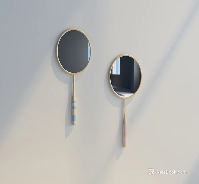 Round Mirrors With Golden Frames And Colorful Striped Handles Hanging On Light Colored Wall 3d model 