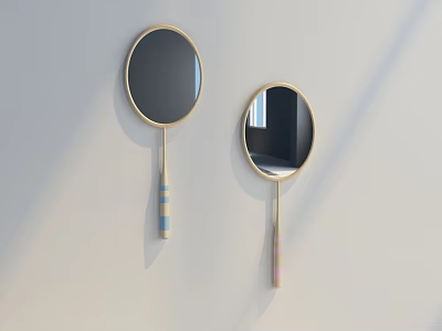 Round Mirrors With Golden Frames And Colorful Striped Handles Hanging On Light Colored Wall 3d model