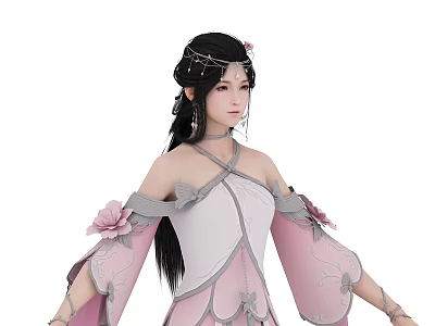 Graceful Female Character In Traditional Pink White Costume With Floral Decorations Long Earrings Hair Ornaments 3d model