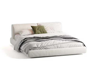 Modern White Double Bed With Striped Duvet Green Pillow And White Pillows 3d model