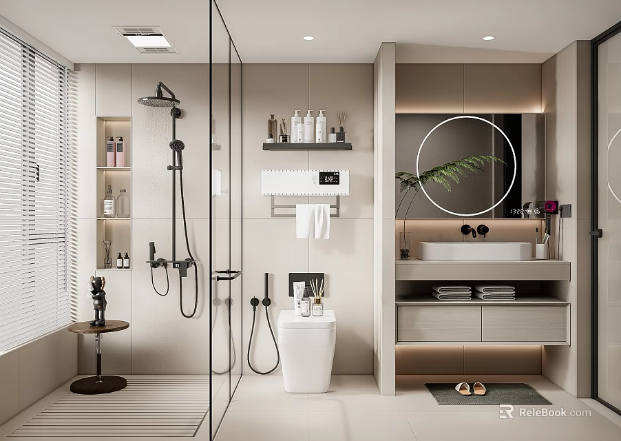 Modern Bathroom Interior Design With Glass Shower Vanity Round Mirror And Cabinets 3d model 