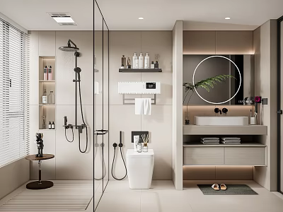 Modern Bathroom Interior Design With Glass Shower Vanity Round Mirror And Cabinets 3d model