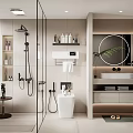 Modern Bathroom Interior Design With Glass Shower Vanity Round Mirror And Cabinets