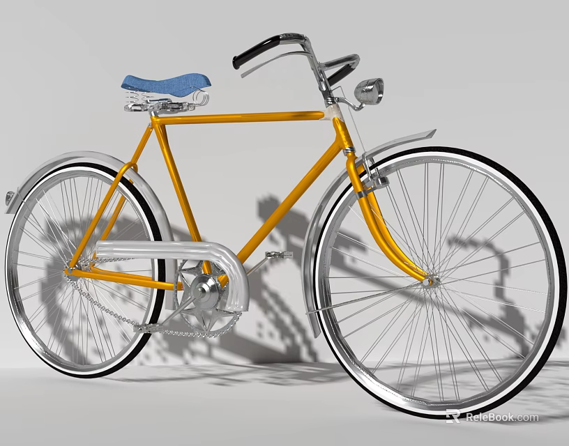 Yellow Bicycle with Blue Seat Black Handlebars Silver Rims and Shadow on White Background 3d model 