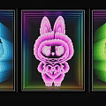 Three Colorful Rabbit Art Installations With Neon Glow Effect And Vibrant Borders