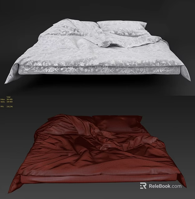 Double Bed In Bedroom Interior With White Patterned And Red Silk Wrinkled Bedsheets 3d model 