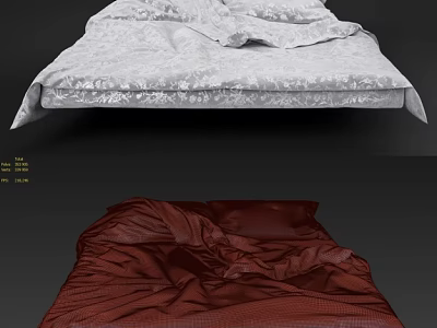 Double Bed In Bedroom Interior With White Patterned And Red Silk Wrinkled Bedsheets 3d model