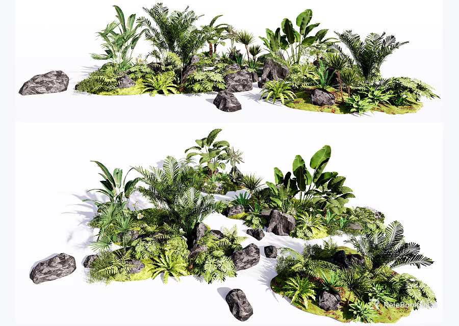 Various Green Tropical Plants With Lush Foliage And Decorative Stones Arrangement 3d model 
