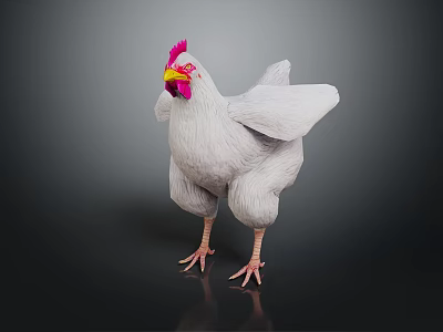 White Chicken With Red Comb And Yellow Beak Standing On Dark Background 3d model