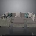 Modern L Shaped Light Gray Wicker Sofa Set With Green Pink Cushions