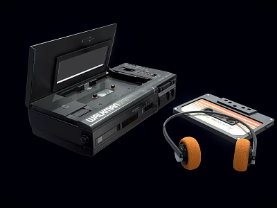 Victory Black Portable Tape Recorder with Cassette Tape and Orange Earmuff Headphones 3d model
