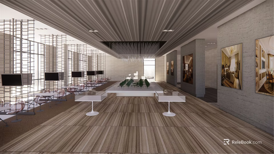 Modern Sales Office Interior With Spacious Reception Area Display Tables And Green Plants 3d model 