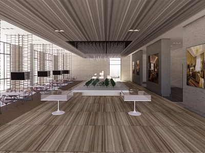Modern Sales Office Interior With Spacious Reception Area Display Tables And Green Plants 3d model