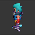 Animated Game Character With Turquoise Hair Shark Mouth Mask Colorful Outfit And Small Purple Sidekicks