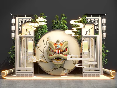 Chinese Style Photo Check In Spot With Lion Head Decor Lanterns And Bamboo 3d model