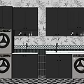 Modern Laundry Room With Black Cabinets Washing Machines Floral Wallpaper And Checkered Floor