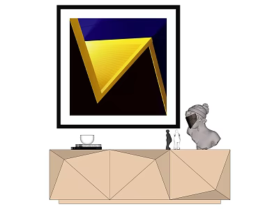 Geometric Beige Console Table With Modern Artwork Sculpture Laptop And Dog Figurine 3d model