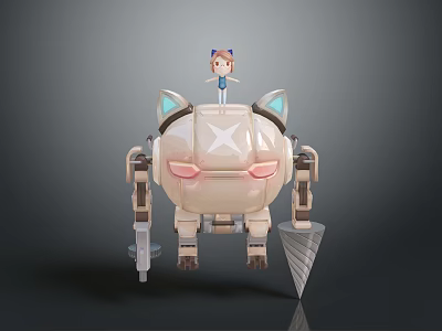 Little Girl In Blue Dress Standing On White Mechanical Cat Robot With Blue Ears 3d model