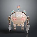 Little Girl In Blue Dress Standing On White Mechanical Cat Robot With Blue Ears