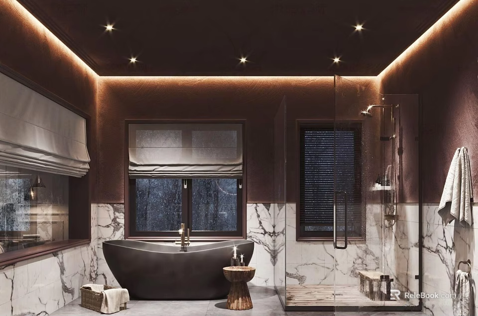 Luxury Modern Bathroom With Freestanding Bathtub Glass Shower Area Marble Walls And Warm Recessed Lighting 3d model 