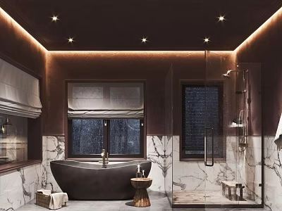 Luxury Modern Bathroom With Freestanding Bathtub Glass Shower Area Marble Walls And Warm Recessed Lighting 3d model