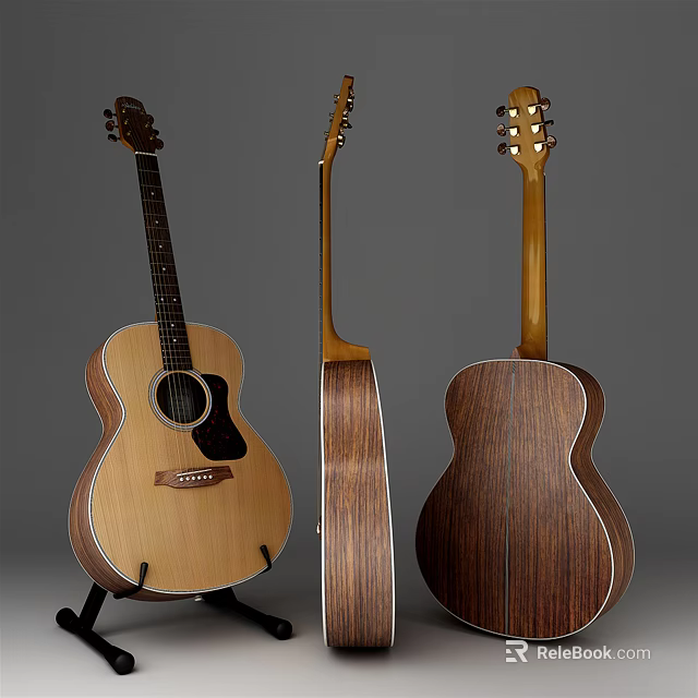 Handcrafted Acoustic Guitars With Natural Wood Grain Displayed In Three Different Angles 3d model 