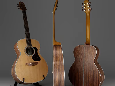 Handcrafted Acoustic Guitars With Natural Wood Grain Displayed In Three Different Angles 3d model