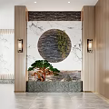 Modern Entryway Hallway With Marble Wall Circular Decor Bamboo Plant And Wall Lamps