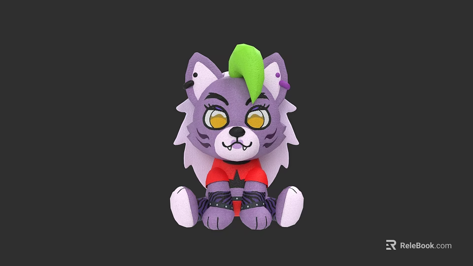 Purple Plush Doll with Green Hair Yellow Eyes Red Shirt Black Wristbands and White Paws 3d model 
