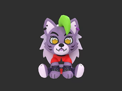 Purple Plush Doll with Green Hair Yellow Eyes Red Shirt Black Wristbands and White Paws 3d model