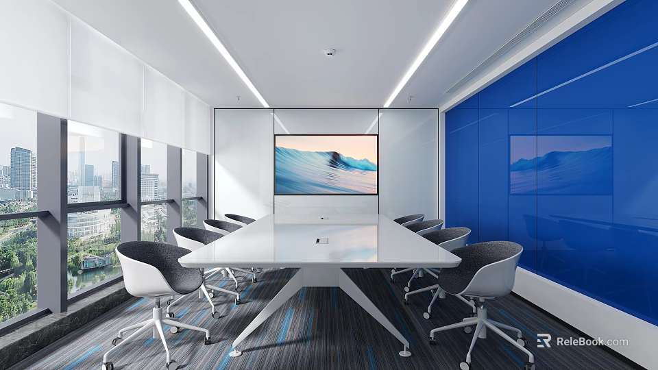 Modern Conference Room Interior With Large Meeting Table Ergonomic Chairs And Blue Glass Walls 3d model 