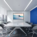 Modern Conference Room Interior With Large Meeting Table Ergonomic Chairs And Blue Glass Walls
