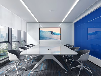 Modern Conference Room Interior With Large Meeting Table Ergonomic Chairs And Blue Glass Walls 3d model