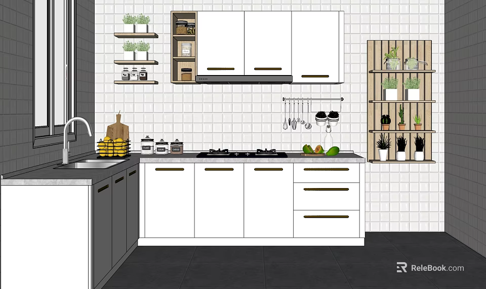 White Kitchen Wall And Base Cabinets With Countertop Fruits Spices Hanging Utensils And Plants 3d model 