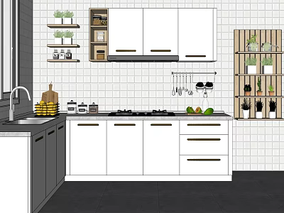 White Kitchen Wall And Base Cabinets With Countertop Fruits Spices Hanging Utensils And Plants 3d model