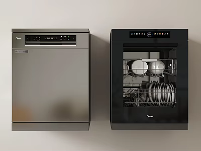 Modern Kitchen Appliances Featuring Two Dishwashers Silver Closed And Black Open With Dishes 3d model