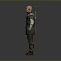 Medieval Warrior Man in Leather Armor with Sword on Back and Leather Boots