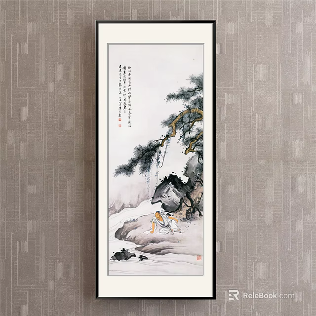 Traditional Chinese Landscape Painting With Pine Tree Rocky Mountains And Snowy Scene On Vertical Scroll 3d model 