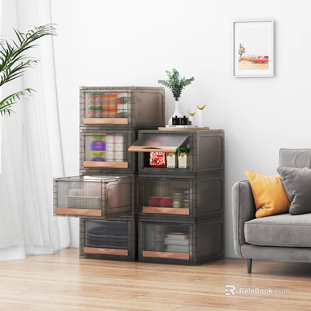 Gray Two Seater Sofa with Yellow Gray Pillows Beside Stacked Transparent Storage Boxes 3d model