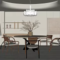 Modern Restaurant Interior With Dining Table Chairs Pendant Light Decorative Art And Potted Plants