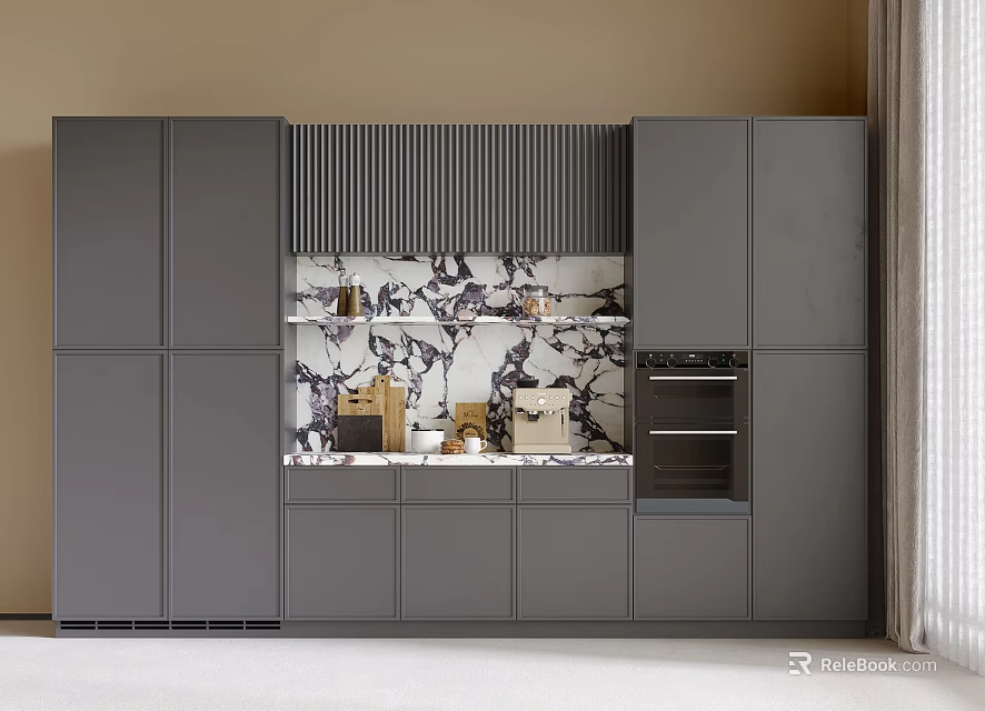 Modern Kitchen With Gray Cabinets And Marble Backsplash Built in Oven 3d model 