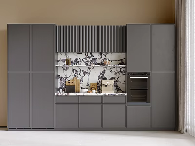 Modern Kitchen With Gray Cabinets And Marble Backsplash Built in Oven 3d model