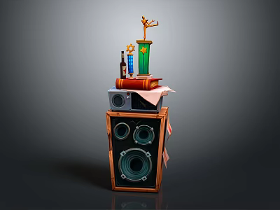 Vintage Style Headphones Speakers With Decorative Trophy Books And Bottle On Top 3d model