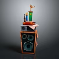 Vintage Style Headphones Speakers With Decorative Trophy Books And Bottle On Top