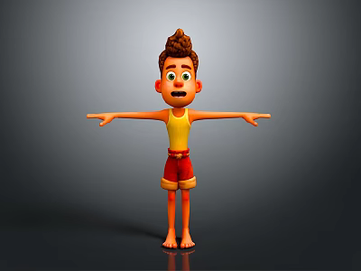 Man with brown hair wearing yellow vest red shorts arms outstretched surprised expression gray background 3d model