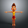 Man with brown hair wearing yellow vest red shorts arms outstretched surprised expression gray background
