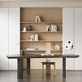 Modern Minimalist Study Room Interior With Wooden Bookshelves White Cabinets Dark Desk Open Book