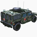 Camouflage Off Road Functional Vehicle With Red Cross Symbol Roof Spare Tire And Antennas