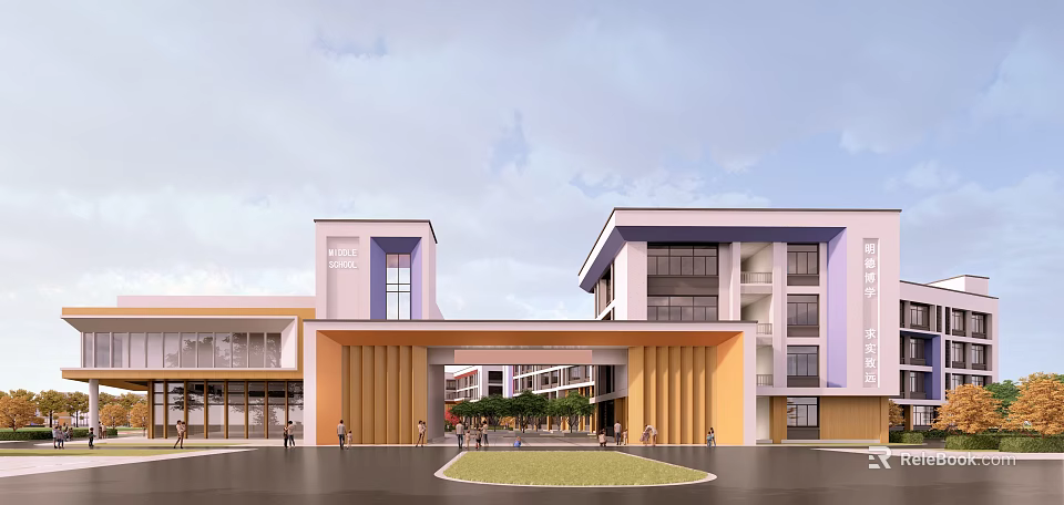 School Main Entrance Gate Modern Architectural Design With Yellow Columns Front Lawn And People Around 3d model 
