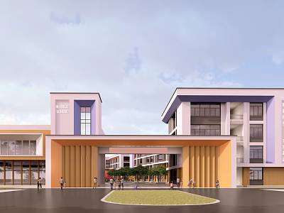 School Main Entrance Gate Modern Architectural Design With Yellow Columns Front Lawn And People Around 3d model
